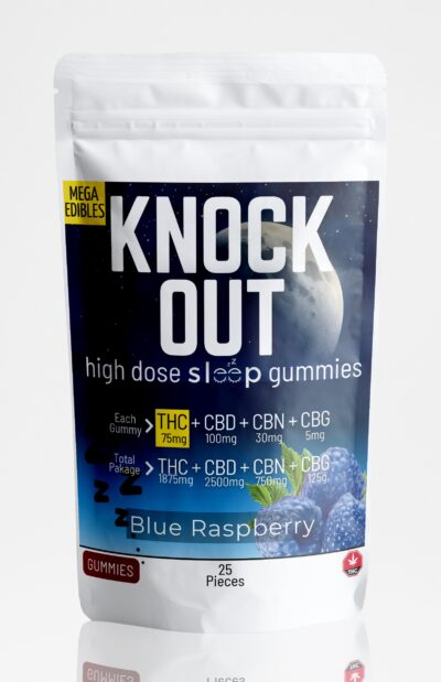 Knock Out Gummies THC CBD CBN CBG (Medium Strength) Blue Raspberry - 25 Pack