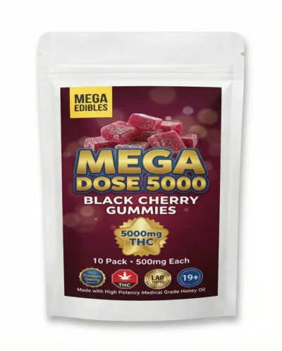 Mega Dose Black Cherry THC Gummies 5000mg front packaging