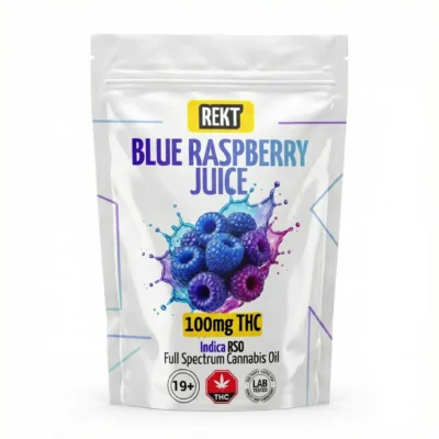 REKT Blue Raspberry Juice 100mg THC indica RSO full spectrum cannabis oil pouch