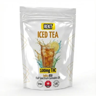 REKT Iced Tea 100mg THC iIndica RSO full spectrum cannabis oil pouch