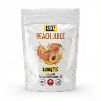 REKT Peach Juice 100mg THC Indica RSO full spectrum cannabis oil pouch